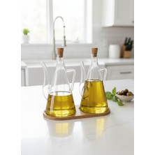 Empressco 3 Parça Ahşap Standlı Cam Yağdanlık ve Ibrik Seti, 500ML, Mantar Kapakli