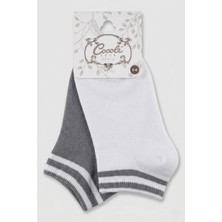 Cocole Socks Erkek Çocuk Patik Çorabı 2’li Set Pamuklu Beyaz & Gri Çizgi Detaylı