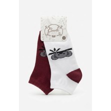 Cocole Socks Çocuk Patik Çorabı 2’li Set Pamuklu Beyaz & Bordo Koala Desenli