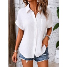 Gökyüzü Moda Kadın Kısa Kollu Yakalı Önü Düğmeli Müslim Gömlek