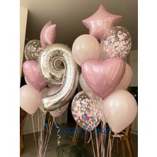 Organizasyon Pazarı Gümüş Rakam 9 Balon Seti Pembe Kalp Yıldız Konfeti Doğum Günü Seti Özel Gün Süsleme