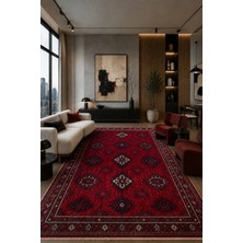 Fuly Consept Vintage Kazak Desenli Kırmızı Halı | El Dokuması Görünümlü Lacivert Bordürlü Oturma Odası Halısı | Antik Türk Motifli Yıkanabilir Salon Halısı TH-3040