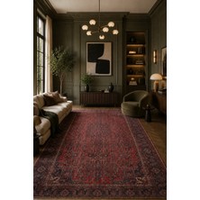 Fuly Consept Klasik Heriz Desenli Eskitme Kırmızı Lacivert Halı | Vintage Saçaklı Salon Halısı | Bordo Antik Türk Motifli Halı TH3042
