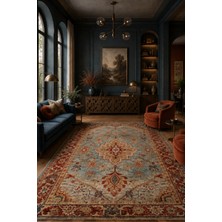 Fuly Consept Mavi Kırmızı Vintage Halı Etnik Floral Desenli Dekoratif Salon Halısı TH-3032