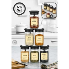 Stile Cucina 6' Lı Silikon Kapak Kaşıklı ve Etiketli Baharatlık Seti 380 ml Etiketli Cam Baharat Takımı Siyah