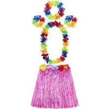 Mudanis Yetişkin ve Çocuk Uyumlu Luau Aloha Hawaii Pembe Etek ve Renkli Kolye Taç 2 Adet Bileklik Seti