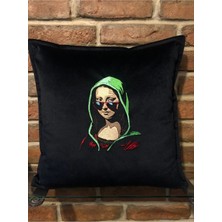 Harmony Factory Mona Lisa Nakışlı Siyah Kadife Kırlent Kılıfı Sanat Eseri Temalı Dekoratif Yastık