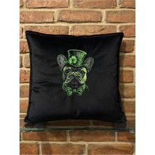 Harmony Factory French Bulldog Nakışlı Siyah Kadife Kırlent Kılıfı Köpek Severlere Özel Dekoratif Yastık