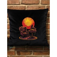 Harmony Factory Retro Koltuk Nakışlı Siyah Kadife Kırlent Kılıfı Vintage Salon Temalı Dekoratif Yastık