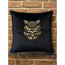 Harmony Factory Baykuş Gold Nakışlı Siyah Kadife Kırlent Kılıfı Gold Dekor Temalı Dekoratif Yastık