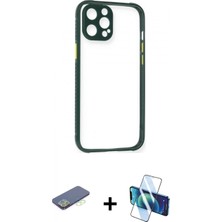 Marsilyan™- iPhone 12 Pro Kılıf Nova Asil Özel Seri - Siyah 3D Antistatik Cam Ekran Koruyucu + Renkli Kamera Lens Koruma Cam - Yl