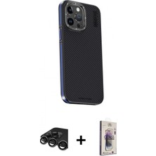 Marsilyan™- iPhone 15 Pro Max Kılıf Kıvılcım Modern Özel Seri - Siyah Bilvis 3D Cam Ekran Koruyucu + Raze Metal Kamera Lens - Tmgı