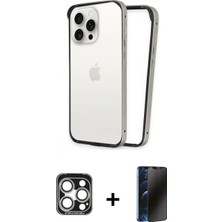 Marsilyan™- iPhone 15 Pro Max Kılıf Pusula Asil Koleksiyonu - Siyah 3D Antistatik Hayalet Cam Ekran Koruyucu + Pvd Metal Kamera Lens - Gs