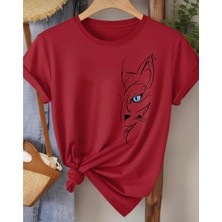 Nigrum Pardus Nıgrum Pardus Yeni Sezon Blue Eyed Cat Baskılı %100 Pamuk Büyük Beden Kadın T-Shirt
