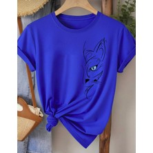 Nigrum Pardus Nıgrum Pardus Yeni Sezon Blue Eyed Cat Baskılı %100 Pamuk Büyük Beden Kadın T-Shirt