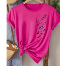 Nigrum Pardus Nıgrum Pardus Yeni Sezon Blue Eyed Cat Baskılı %100 Pamuk Büyük Beden Kadın T-Shirt