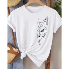 Nigrum Pardus Nıgrum Pardus Yeni Sezon Blue Eyed Cat Baskılı %100 Pamuk Büyük Beden Kadın T-Shirt