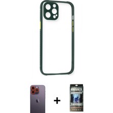Marsilyan™- iPhone 12 Pro Kılıf Nova Asil Özel Seri - Siyah 34D Hayalet Izgaralı Cam + Neon Fosforlu Kamera Lens - Tu