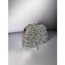 Dilora Collection Gümüş Kristal Taşlı Abiye Çanta Clutch Portföy Zincir Askılı Düğün Nişan Gece Çantası
