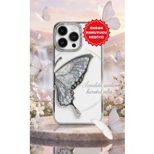 İhya Aksesuar iPhone 15 Pro Uyumlu Çıkıntılı Silikon Simli Kelebek Desenli Kamera Korumalı Şeffaf Telefon Kılıfı