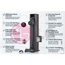 Lg Cordzero Ultra Kablosuz Dikey Süpürge | 280W Yüksek Emiş Gücü, All-In-One Tower Otomatik Toz Boşaltma, Kompressor, Çift Batarya, Islak Mop ve Akıllı LCD Ekran Lg Türkiye Garantili