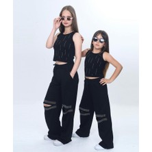 Ay Kids Kız Çocuk Taş Detaylı Siyah Kolsuz Badi  Bol Paça Pantolon Takım 1183