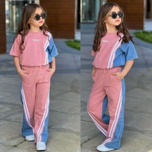 Ay Kids Kız Çocuk Pembe Denim Garnili Şerit Detaylı Alt Takım Yeni Sezon 6493
