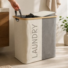 Meturas 2 Bölmeli Çift Kapaklı Jüt Kumaş Çamaşır Sepeti 60X55 cm Su Itici Kolay Silinebilir Kirli Sepeti Organizer
