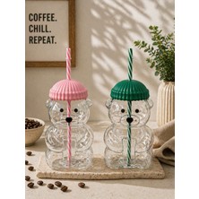 Yzhome 2 Li Cam Ayıcık Pipetli Borosilikat Bardak Soğuk Içecek Kahve Bardağı Matara Pembe Yeşil 580 ml