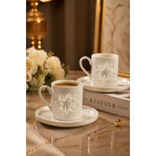 Yzhome 2 Kişilik Beyaz Porselen Lale Lotus Lüks Kahve Fincan Takımı Seti 100ML