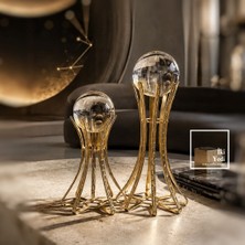 İki Yedi Konsept Arkhe 2'li Dekoratif Cam Küre Seti Gold Metal Ayaklı Sehpa Konsol Ev Ofis Aksesuarı Hediyelik Obje