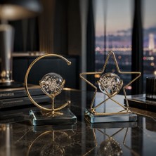 İki Yedi Konsept Ay Yıldız Gold Metal Masaüstü Obje Seti Kristal Küreli Cam Kaideli Bayrak Temalı Ev Ofis Hediyesi