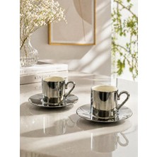 Yzhome 2'li Porselen Kahve Fincan Takımı Seti 90 ml Gümüş Renk 4 Parçalı Şık Tasarım