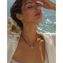 Solare Accessories Özel Seri Bordo Doğaltaş Güneş Figürlü Altın Kaplama Kolye