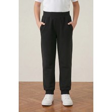 Fatella Unisex Çocuk 2 Iplik Mevsimlik Ribana Bel Lastikli Paça Kompakt Siyah Penye Pantolon Eşofman Altı Okul ve Günlük Kullanım