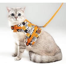 Ohbe Express Kaçış Önleyici Kedi Gezdirme Tasması ve Küçük Irk Köpek Gezdirme Tasması (M, Turuncu Kedi Desenli)