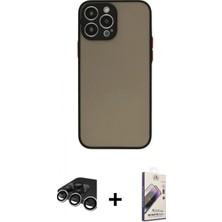 Marsilyan™- iPhone 15 Pro Max Kılıf Ahenk Çizgi Serisi - Siyah Bilvis 3D Mat Cam Ekran Koruyucu + Raze Metal Kamera Lens - Gs