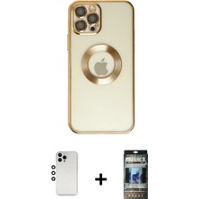 Marsilyan™- iPhone 12 Pro Kılıf Pusula Form - Siyah 34D Hayalet Izgaralı Cam + Shine Kamera Lens - Gs