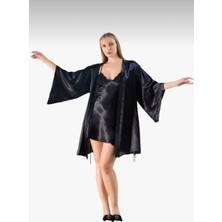 Lunoche Nightwear Saten Kadın Dantelli ve Sırt Detaylı Çeyizlik Ikili Gecelik Sabahlık Takımı
