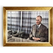 Tablore Mustafa Kemal Atatürk Çalışma Masası Temalı Altın Varak Çerçeveli Ofis Duvar Tablosu