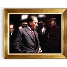 Tablore Altın Çerçeveli Mustafa Kemal Atatürk Portre Tablo Nostaljik Tarihi Renkli Atatürk Fotoğrafı Duvar Dekoru
