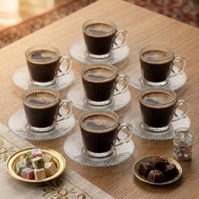 Ohbe Express 6’lı Cam Kahve Fincanı Seti Çizgili Desenli Şeffaf Fincan ve Tabak Takımı 8 cm Espresso Türk Kahvesi Sunum Seti