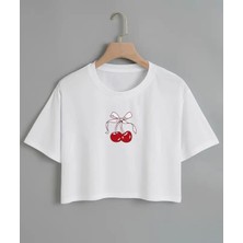 Nigrum Pardus Nıgrum Pardus Özel Seri Rıbboned Cherry Baskılı %100 Pamuk Kız Çocuk Crop T-Shirt