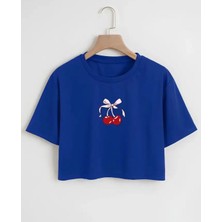 Nigrum Pardus Nıgrum Pardus Özel Seri Rıbboned Cherry Baskılı %100 Pamuk Kız Çocuk Crop T-Shirt