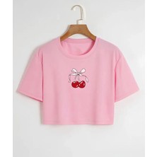Nigrum Pardus Nıgrum Pardus Özel Seri Rıbboned Cherry Baskılı %100 Pamuk Kız Çocuk Crop T-Shirt