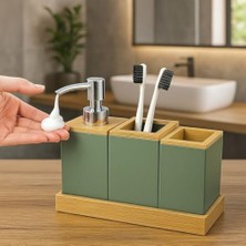 Ohbe Express Bambu Kapaklı Yeşil Banyo Seti – Sıvı Sabunluk, Diş Fırçalık, Çok Gözlü Organizer ve Düzenleyici