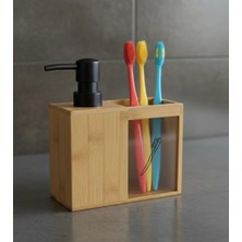 Ohbe Express Barotti Bambu 2'li Banyo Seti, Mat Siyah Detaylı Sıvı Sabunluk ve Diş Fırçalık, Modern Tasarım, Doğal Bambu Malzeme, Tezgah Üstü Banyo Aksesuarları