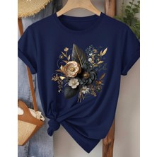 Nigrum Pardus Nıgrum Pardus Yeni Sezon Black Flower Bouquet Baskılı %100 Pamuk Büyük Beden Kadın T-Shirt