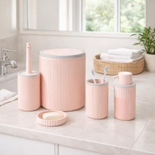 Ohbe Express 5’li Açık Pembe Rengi Banyo Seti – Çöp Kovası, Sıvı Sabunluk, Diş Fırçalık, Sabunluk ve Wc Fırçası – Modern Çizgili Şık Tasarım