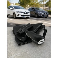 Kavrazy Renault Clio 3 / Clio 4 Vites Topuzu / El Freni / Vites Körüğü / El Freni Kolu Derisi (Siyah Deri - Beyaz Dikiş - 5 Ileri)